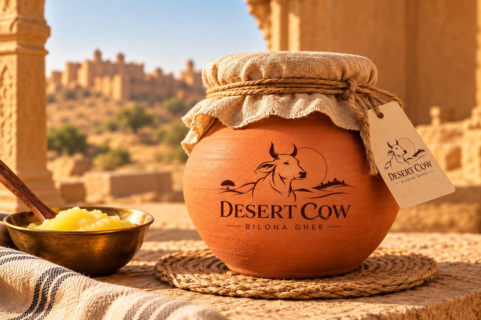 DesertCow terracotta jar concept with a cloth cover and jute tie in a warm Rajasthan setting